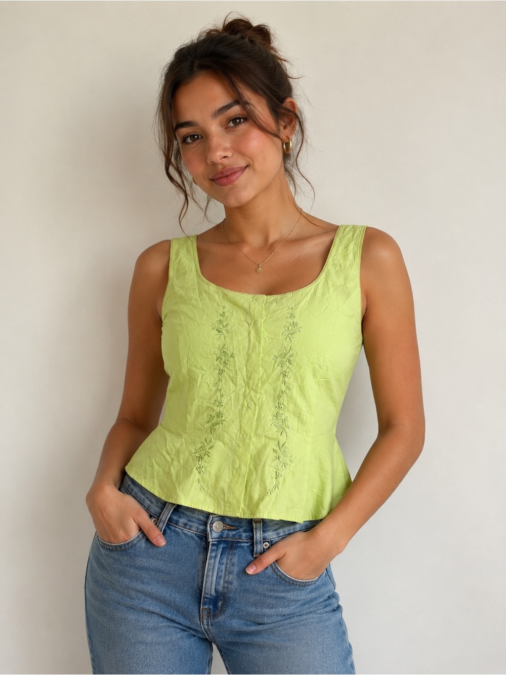 Vintage Floral Embroidered Y2K Lizzie Mcguire Style Lime Green Babydoll Crop Top